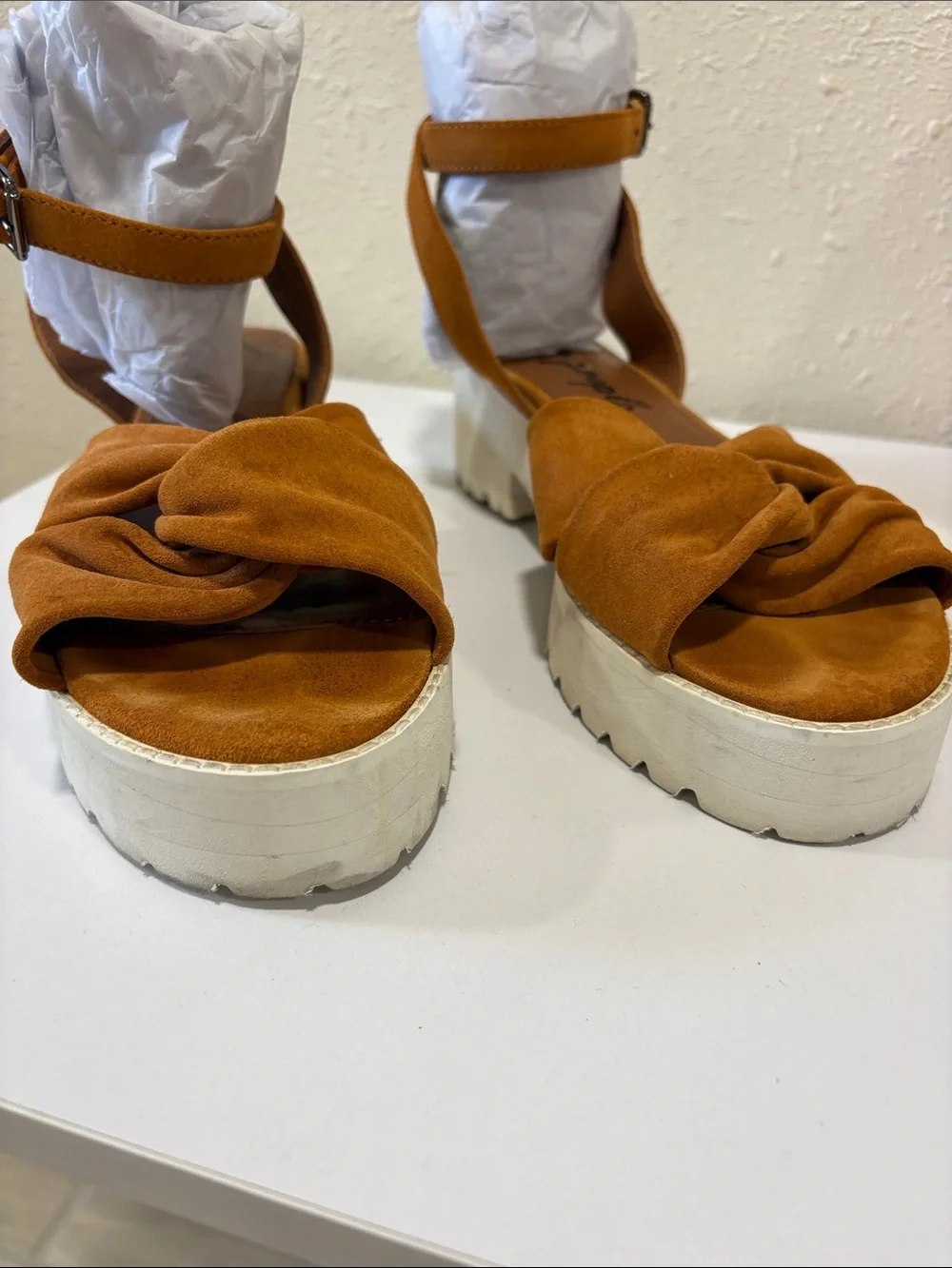 Free People Twisted Suede Ankle-Strap Platform Sandals - Rust Brown